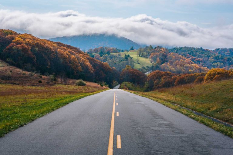 Mountain road surrounded by trees in fall colors and clouds