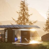 Rendering of electric vehicle and a camping unit with a scenic outdoors backdrop at sunset