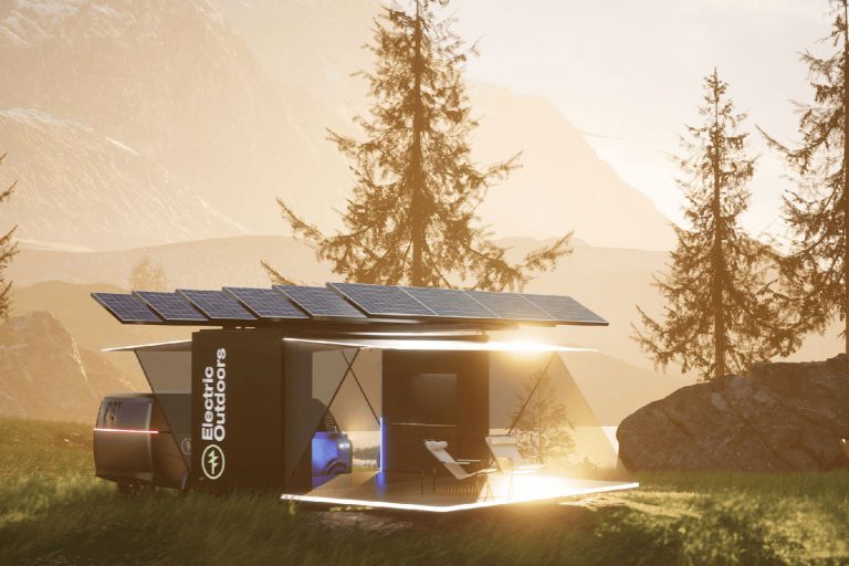 Rendering of electric vehicle and a camping unit with a scenic outdoors backdrop at sunset