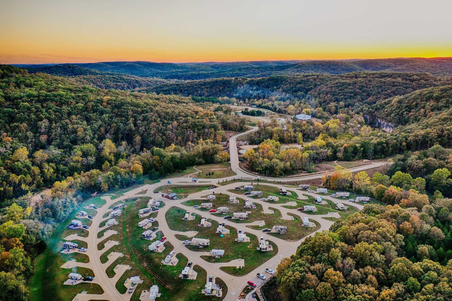 Aerial view of a campground during sunset