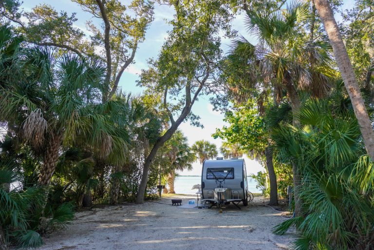A trailer parked in a lush, foresty campsite with a water view