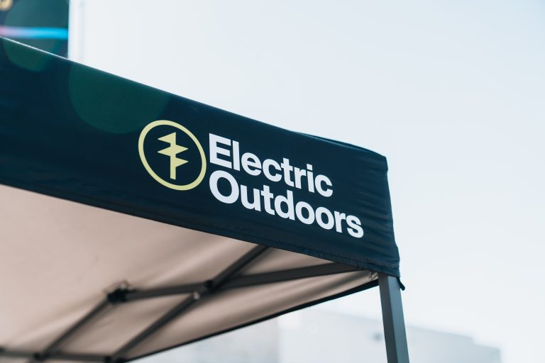 Close-up of Electric Outdoors logo on a tent canopy
