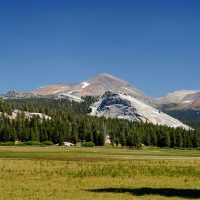 View of an expansive meadow with snow-capped mountains in the background